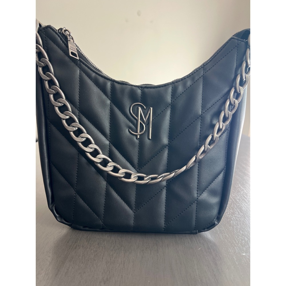 Steve Madden Black Quilted Chevron Hobo Shoulder Bag Silver Chain SM Logo Goth